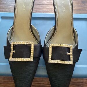 Unisa Black Satin Pointed-Toe Mules w/ Rhinestone Buckle – Size 7